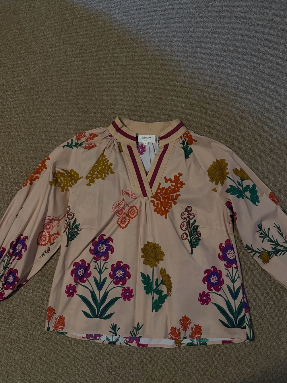 Umgee Pink Floral V-Neck Long Sleeve Blouse with Multicolor Blooms NWOT